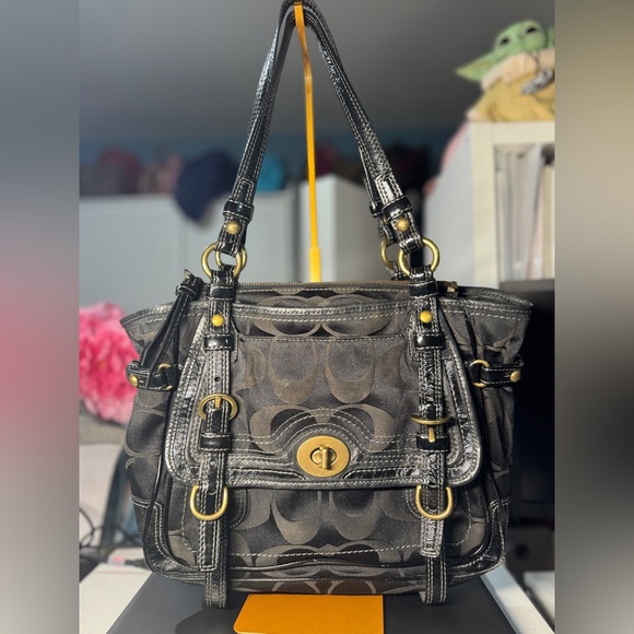 Coach Black and Gray Legacy Garcia 65th anniversary stripe turn lock pocket